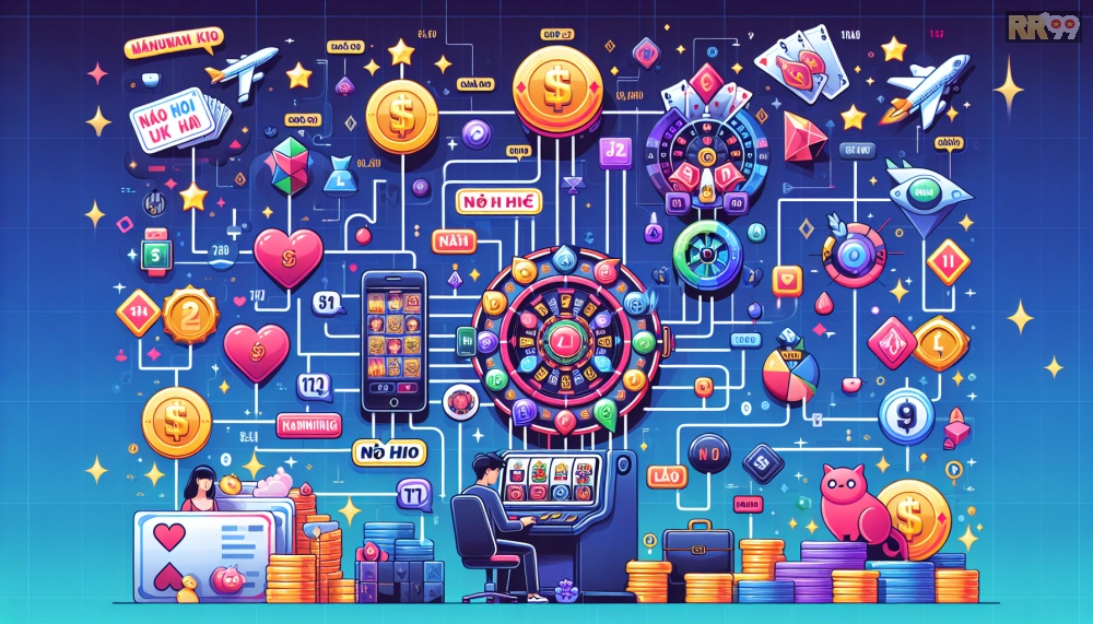 Infographic giải thích cơ chế nổ hũ trên nền tảng RR99 với các biểu tượng slot game