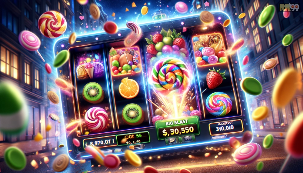 Hình ảnh gameplay Sweet Bonanza trên rr99 với hiệu ứng nổ hũ