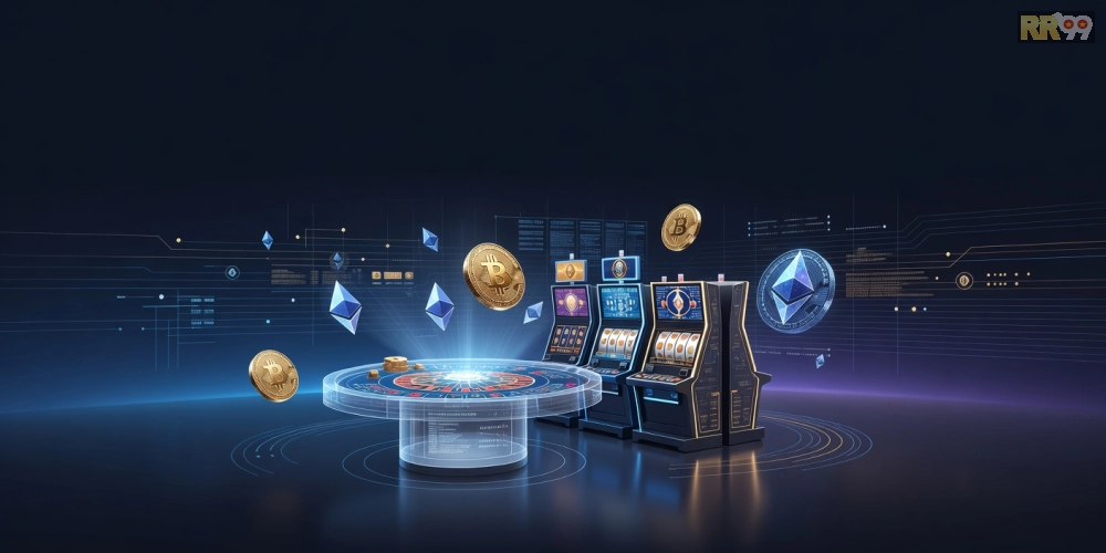 Khái niệm cơ bản về crypto casino rr99 với giao diện hiện đại và biểu tượng tiền điện tử