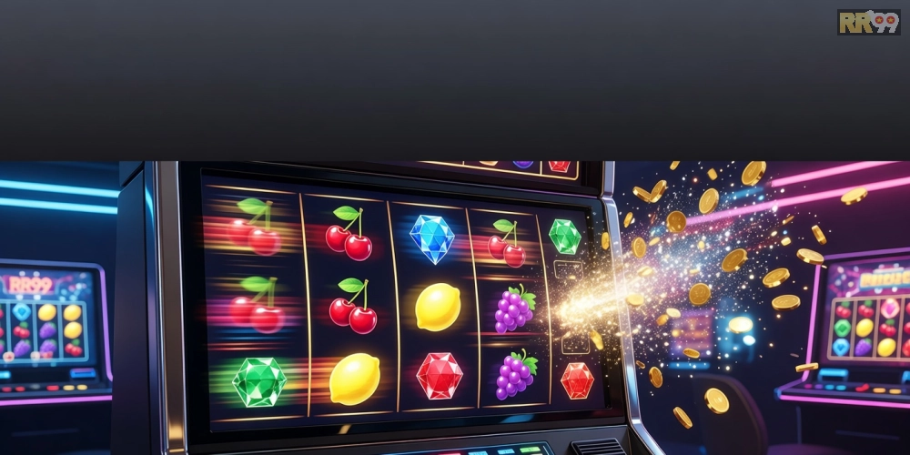 Minh họa cơ chế game nổ hũ rr99 với biểu tượng jackpot sáng rực