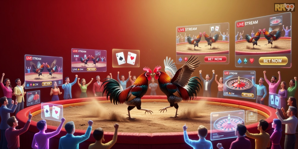 Minh họa khái niệm xem đá gà trực tiếp tại casino RR99 với hình ảnh trường gà sống động