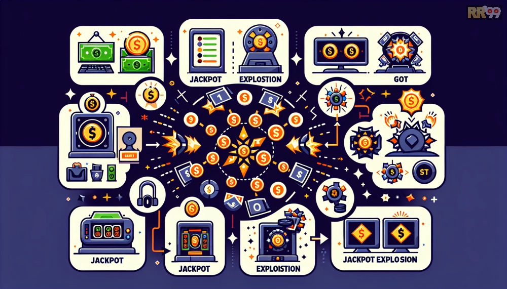 Hình minh họa cơ chế nổ hũ trong game RR99 với các biểu tượng jackpot