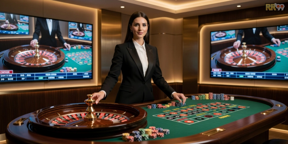 Hình minh họa quy trình phát trực tiếp casino rr99 với dealer chuyên nghiệp