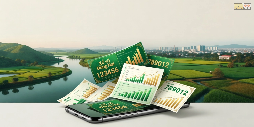 Minh họa khái niệm xổ số đồng nai rr99 với hình ảnh vé số và công nghệ trực tuyến hiện đại