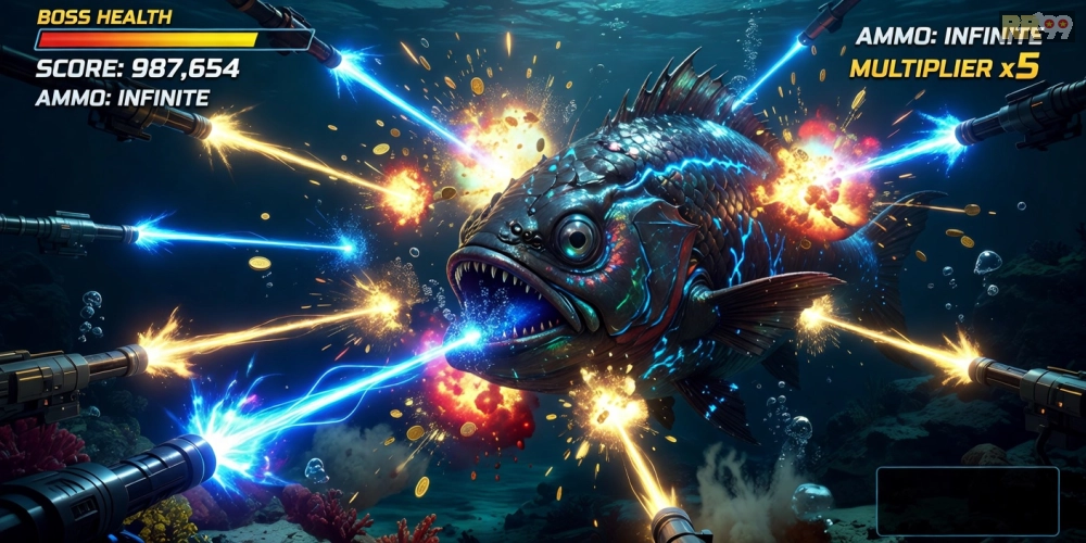 Hình ảnh gameplay Hải Vương Bắn Cá RR99 với cá boss khổng lồ và hiệu ứng nổ