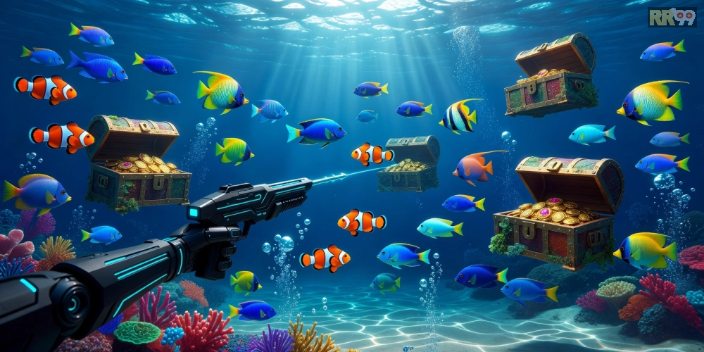 Giao diện game bắn cá đại dương với các loài cá đa dạng và hiệu ứng bắn súng