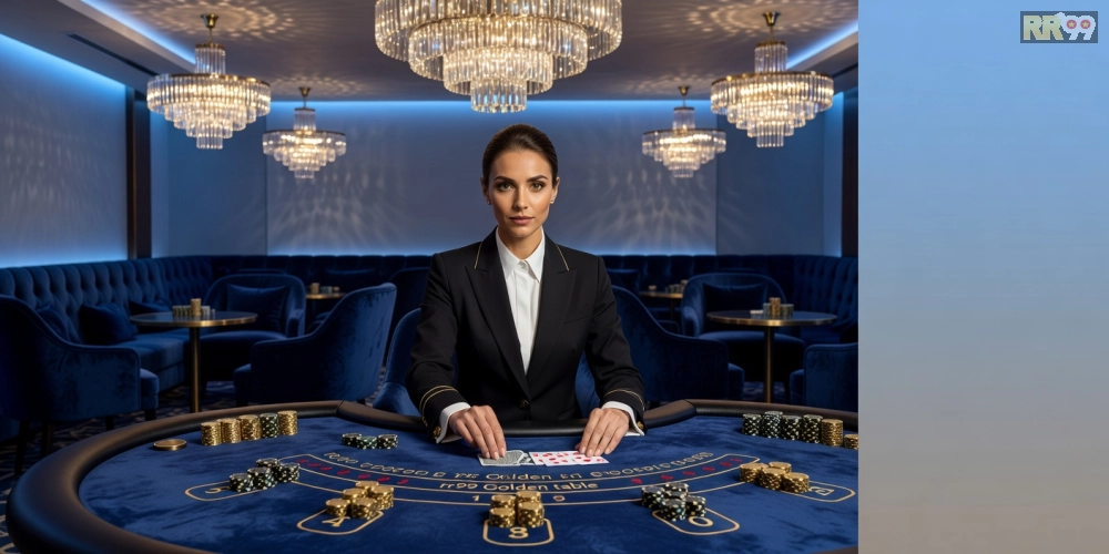 Hình ảnh bàn chơi live casino rr99 Golden với dealer xinh đẹp và không khí sôi động