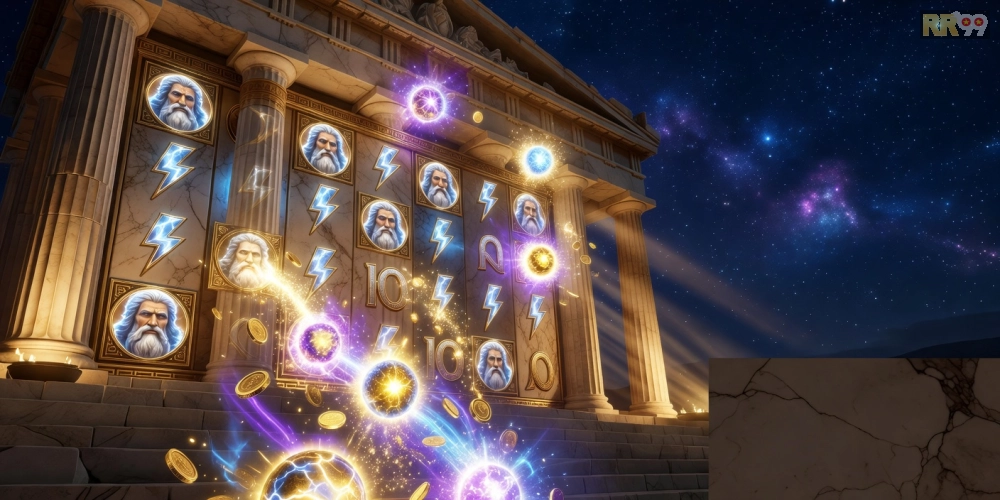 Hình ảnh trò chơi Gates of Olympus với biểu tượng thần Zeus hùng vĩ