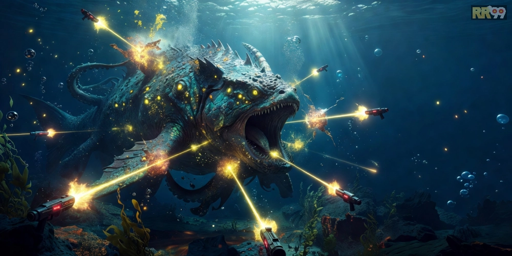 Hình ảnh gameplay Đại Dương Vô Tận với cá boss khổng lồ và hiệu ứng nổ tung
